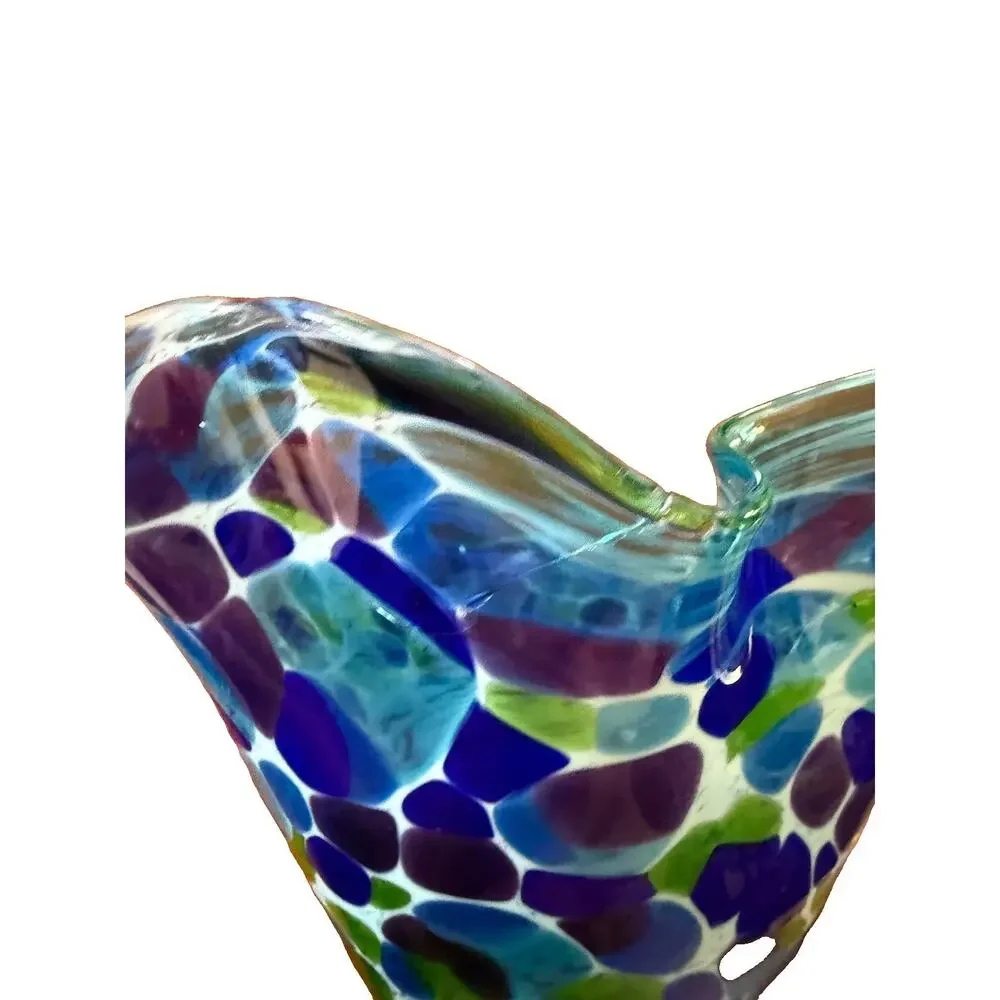 Glass Eye Studio Wave Bowl Bluebonnet Ruffled Hand Blown Art Glass Spatter 6